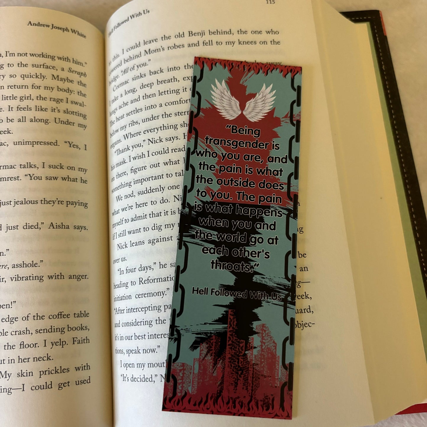 Trans Joy Bookmark with quotes from Hell Followed With Us and The Spirit Bares It's Teeth