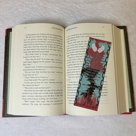 Trans Joy Bookmark with quotes from Hell Followed With Us and The Spirit Bares It's Teeth