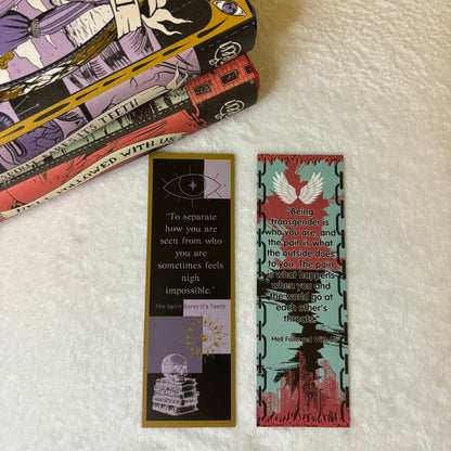 Trans Joy Bookmark with quotes from Hell Followed With Us and The Spirit Bares It's Teeth