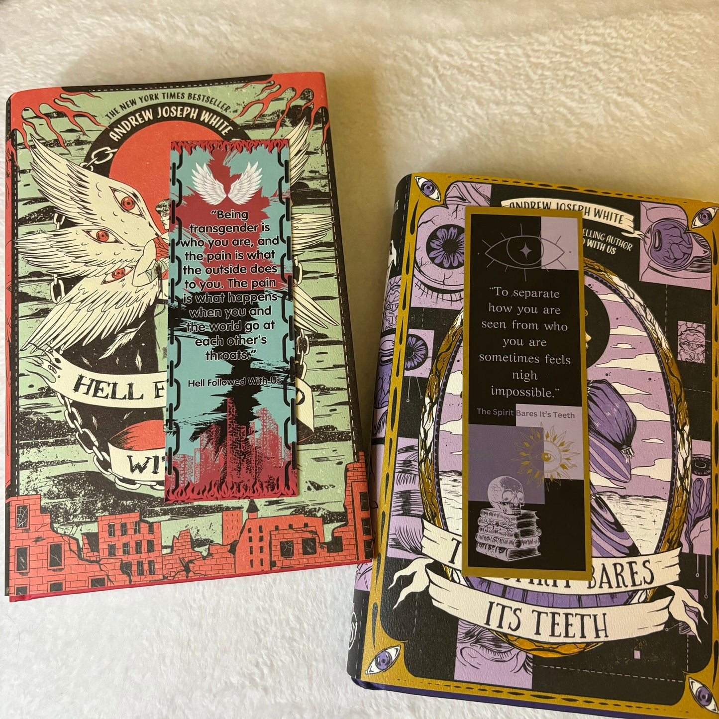 Trans Joy Bookmark with quotes from Hell Followed With Us and The Spirit Bares It's Teeth